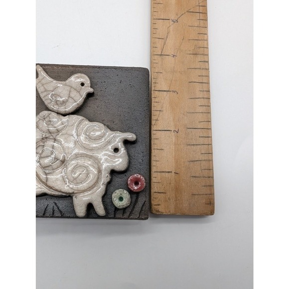 Hand Made Ceramic Raku Sheep Tile 4X3 Made in Italy Bird 3D Free Standing Plaque - Picture 6 of 6